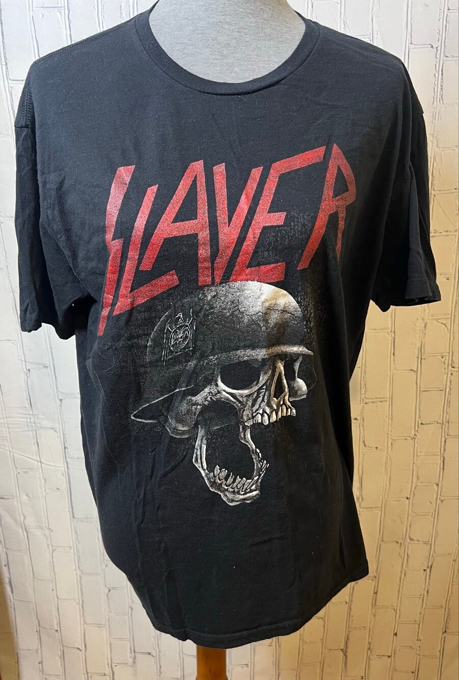 Slayer Skull Helmet Graphic T Shirt Black Thrash Metal Band Tee Approx XL